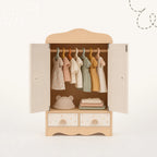 Freniland wooden doll wardrobe open with clothes front view