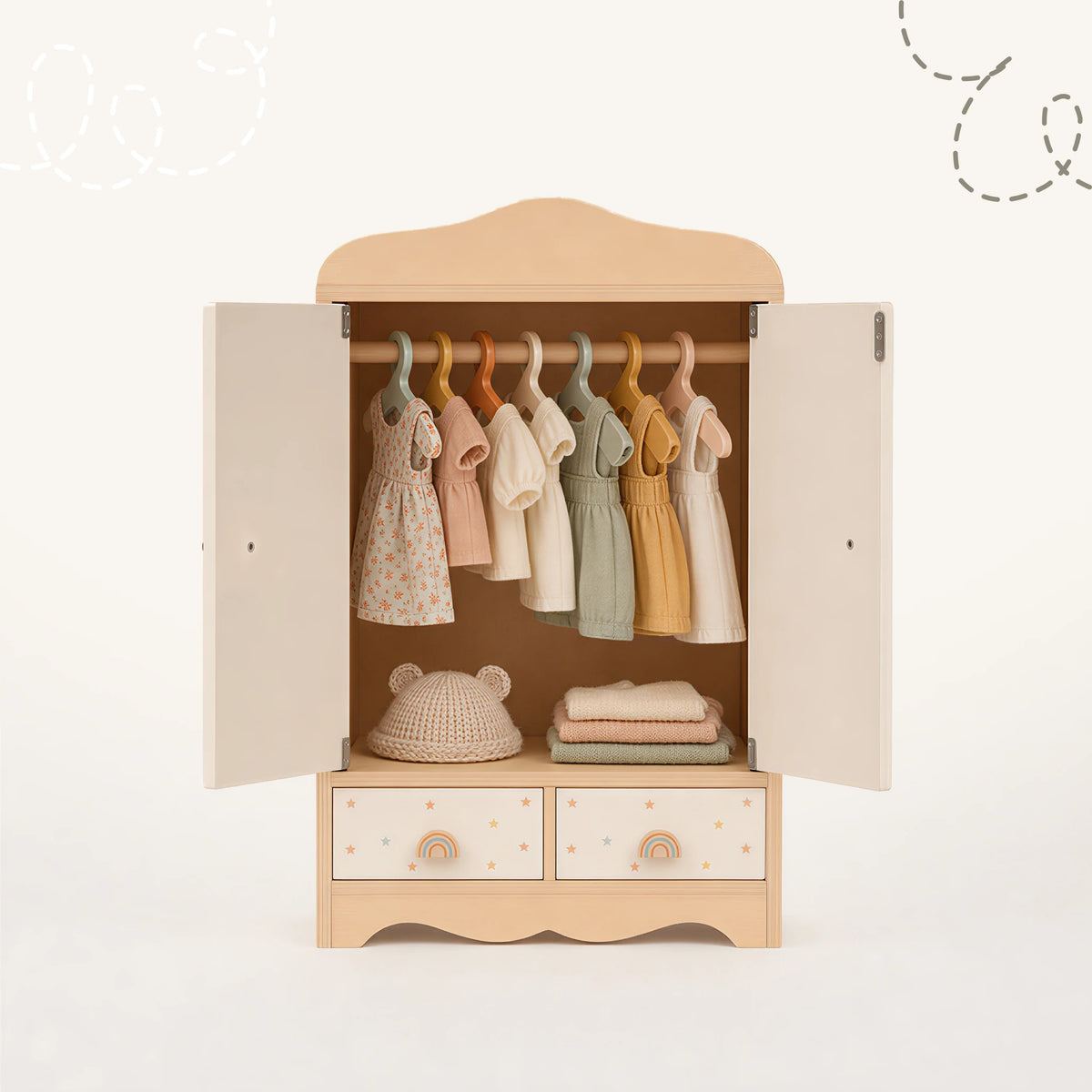 Freniland wooden doll wardrobe open with clothes front view