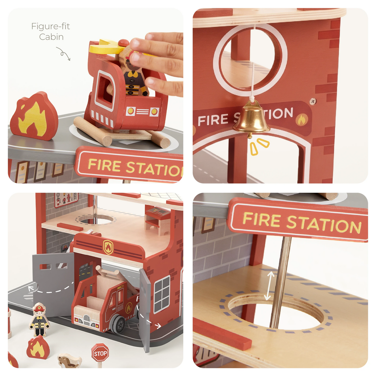 Freniland wooden fire station details collage helicopter bell