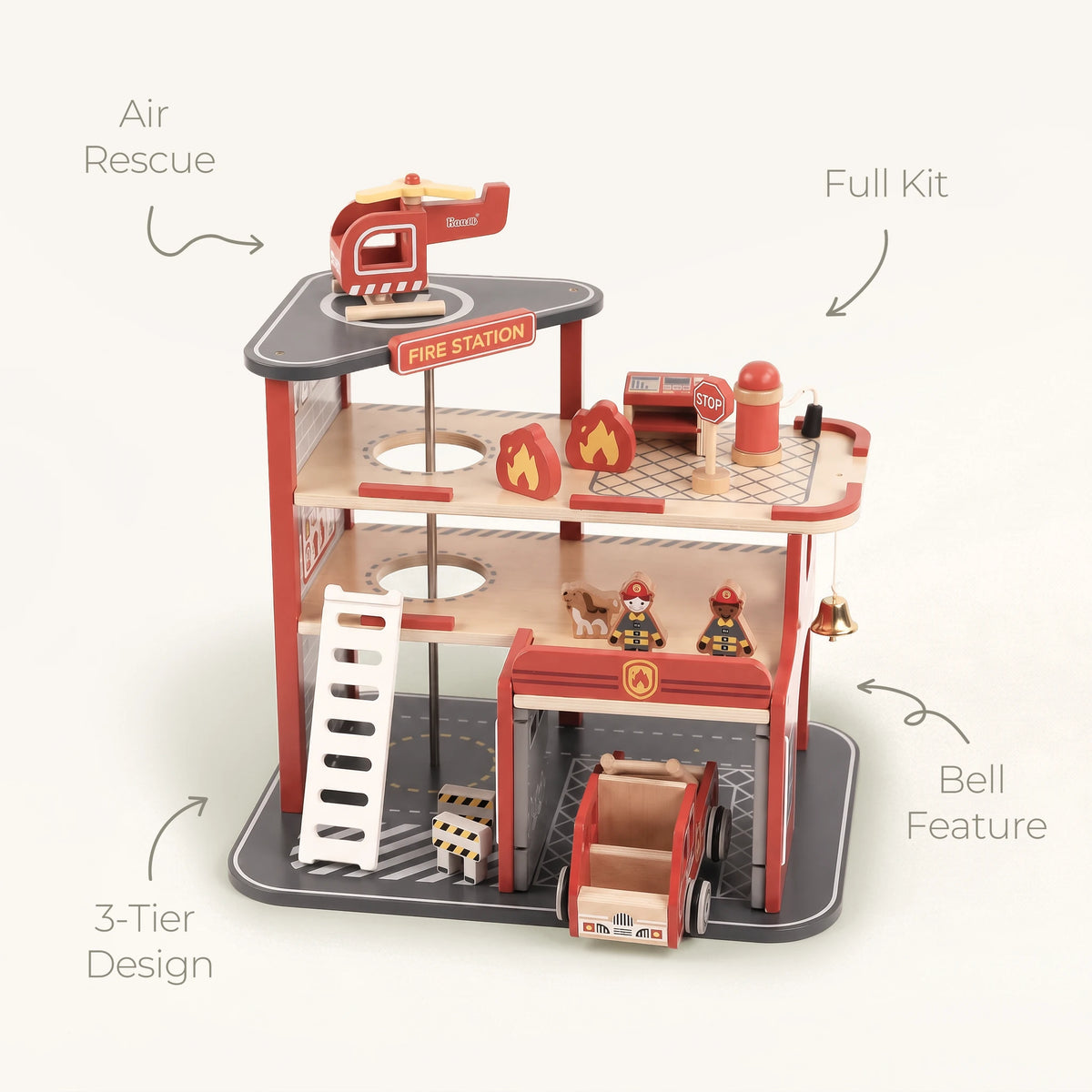 Freniland wooden fire station features 3 tier bell helicopter