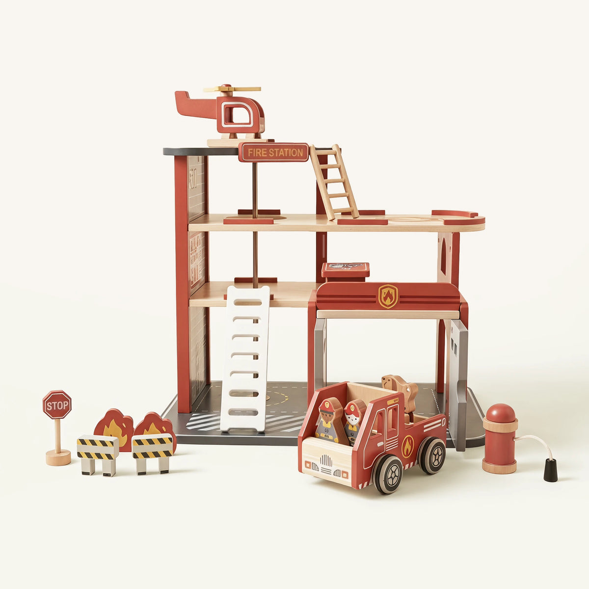 Freniland wooden fire station playset back view with truck