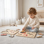 Freniland Wooden Sound Puzzle 2-Pack - child playing with both sound boards in a playroom