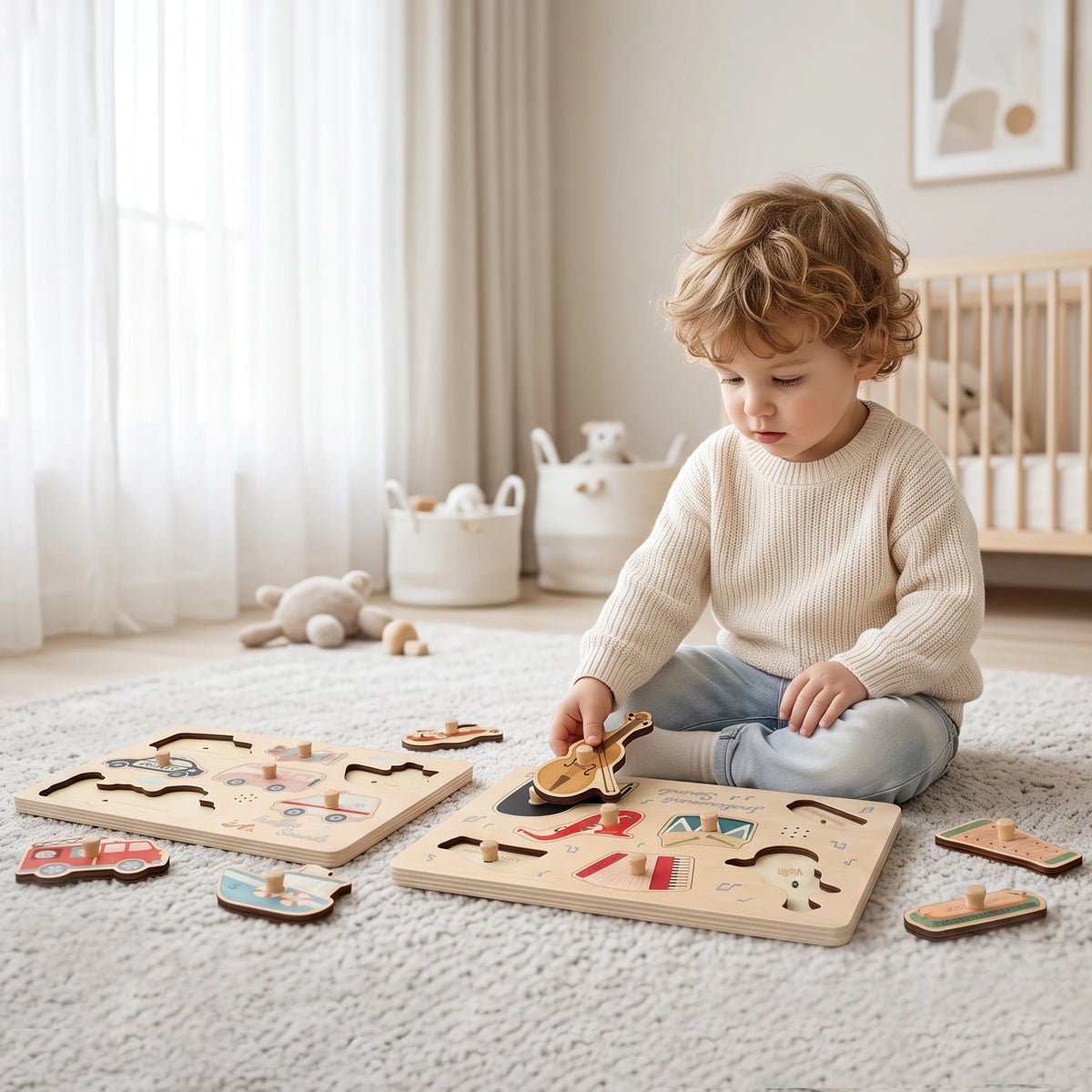 Freniland Wooden Sound Puzzle 2-Pack - child playing with both sound boards in a playroom