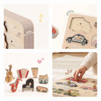 Freniland Wooden Sound Puzzle 2-Pack - detail collage of wood thickness, sound activation and pieces