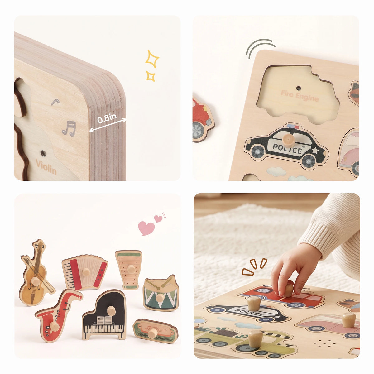 Freniland Wooden Sound Puzzle 2-Pack - detail collage of wood thickness, sound activation and pieces