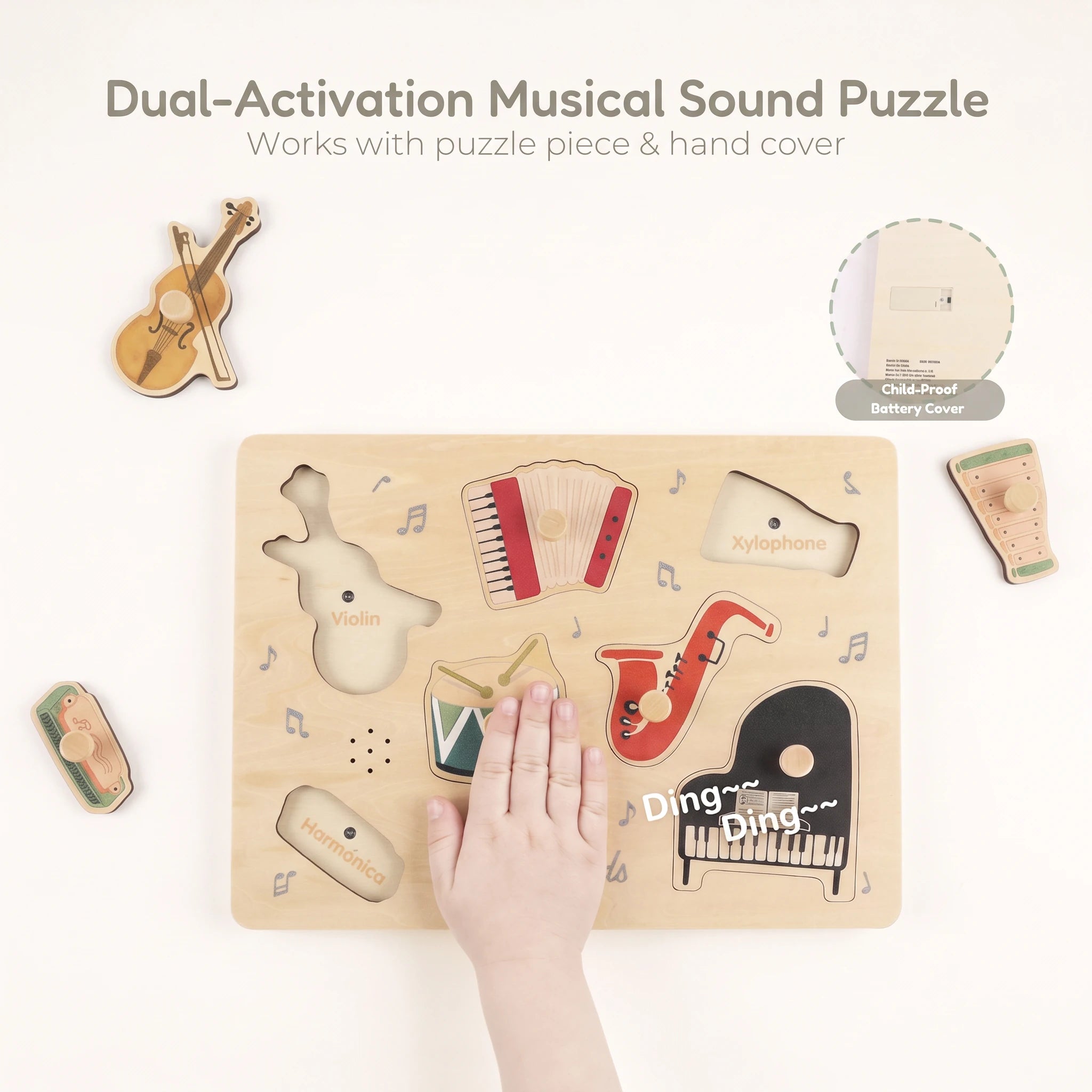 Freniland Wooden Sound Puzzle 2-Pack - dual activation, sound plays with the piece or by pressing the recess