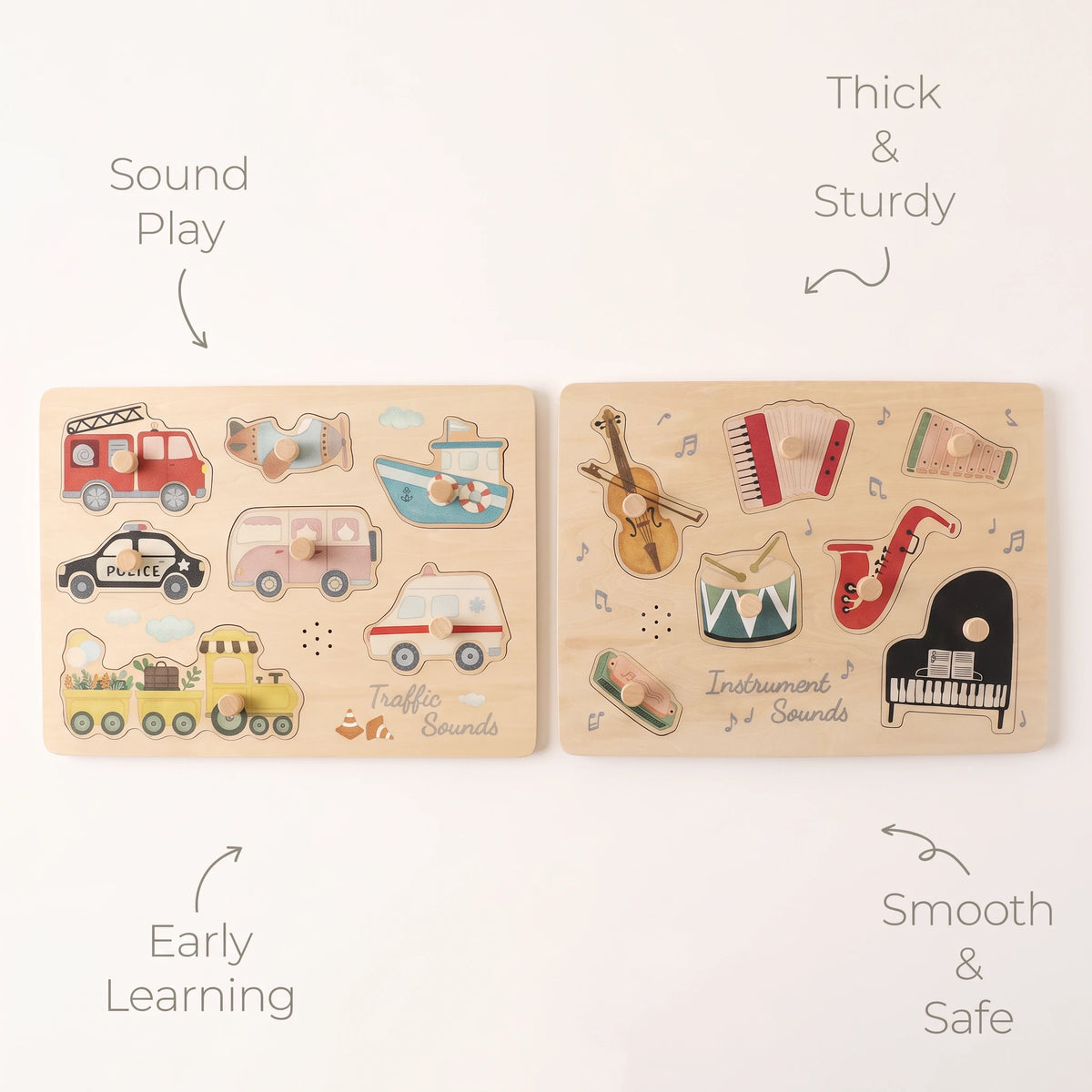 Freniland Wooden Sound Puzzle 2-Pack - feature callouts: sound play, early learning, thick and sturdy, smooth and safe