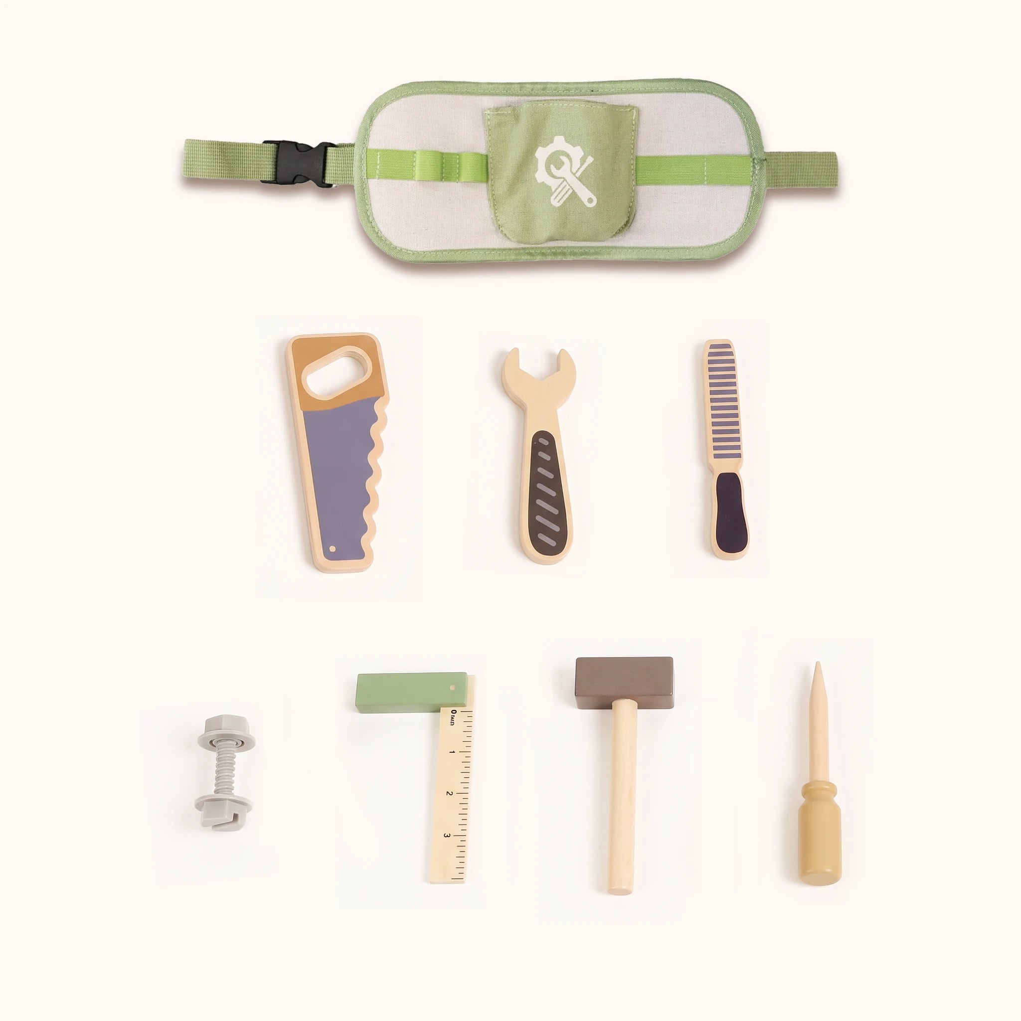 Freniland wooden tool belt tools flat lay