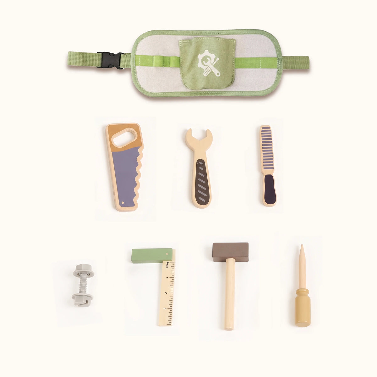 Freniland wooden tool belt tools flat lay