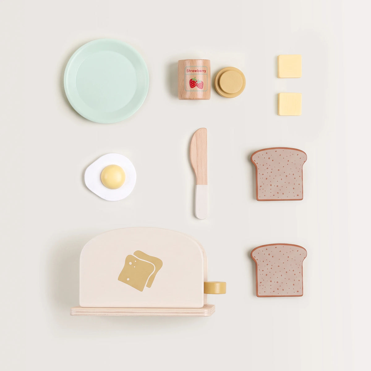 Freniland wooden toy toaster accessories flat lay