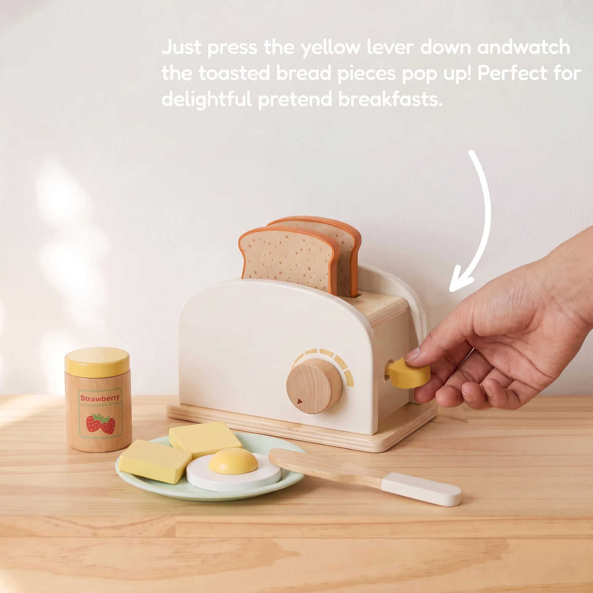 Freniland wooden toy toaster pop up lever demo
