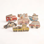 Freniland Wooden Sound Puzzle 2-Pack - seven vehicle peg pieces, group view