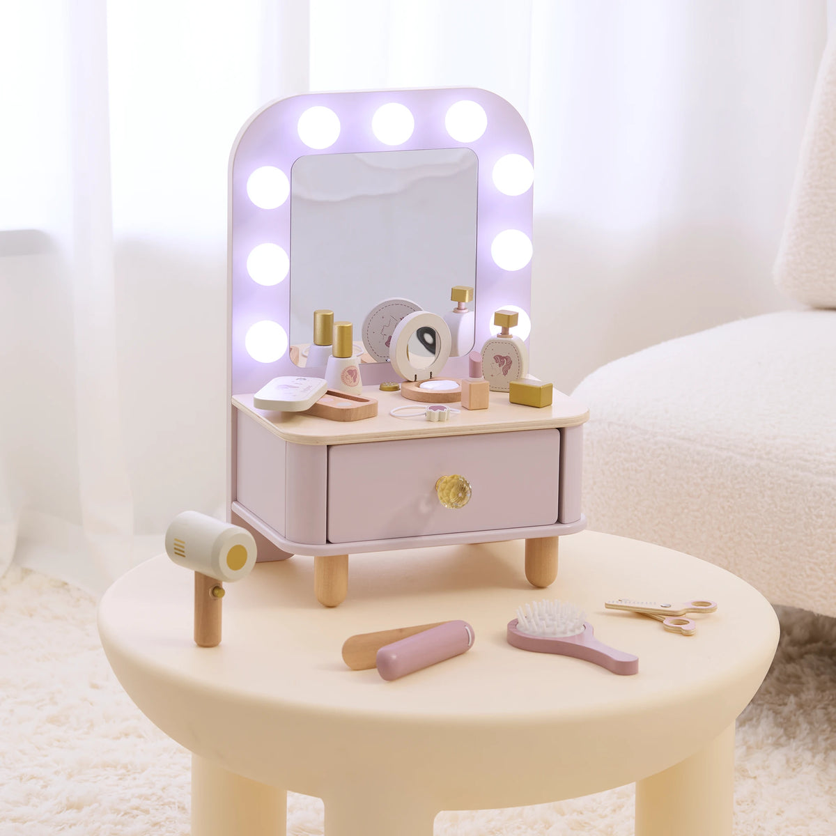 Dressing Table - wooden vanity lit up lifestyle
