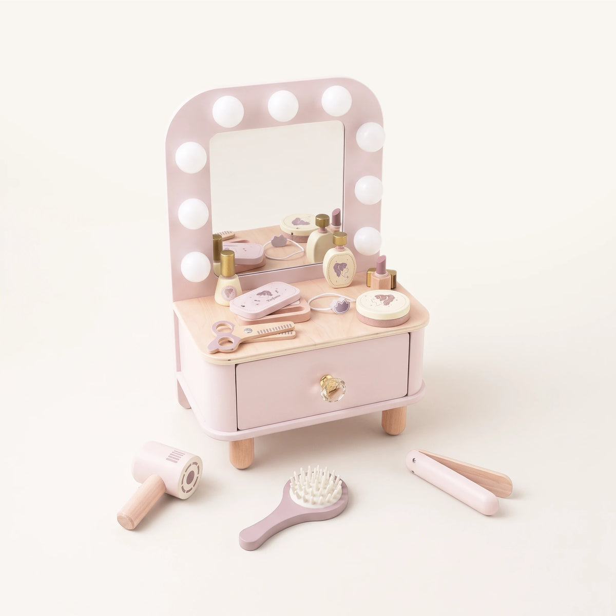 Dressing Table - wooden vanity set with accessories white background