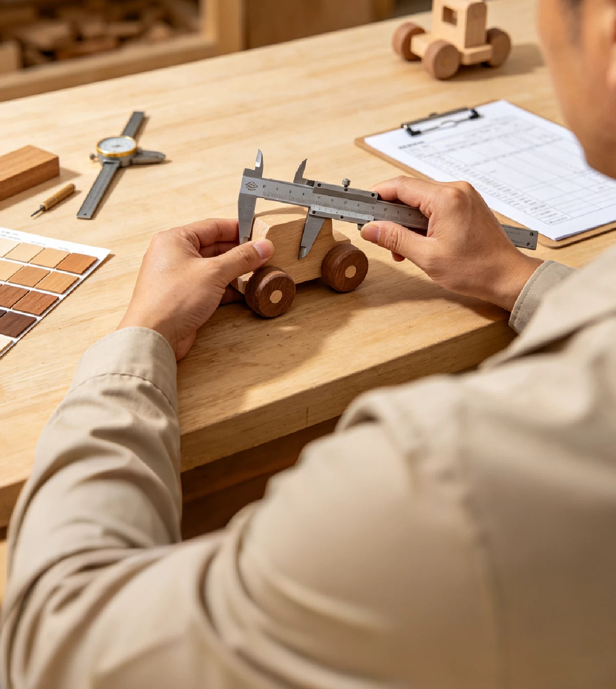 Person measuring wooden toy truck with caliper on workbench.