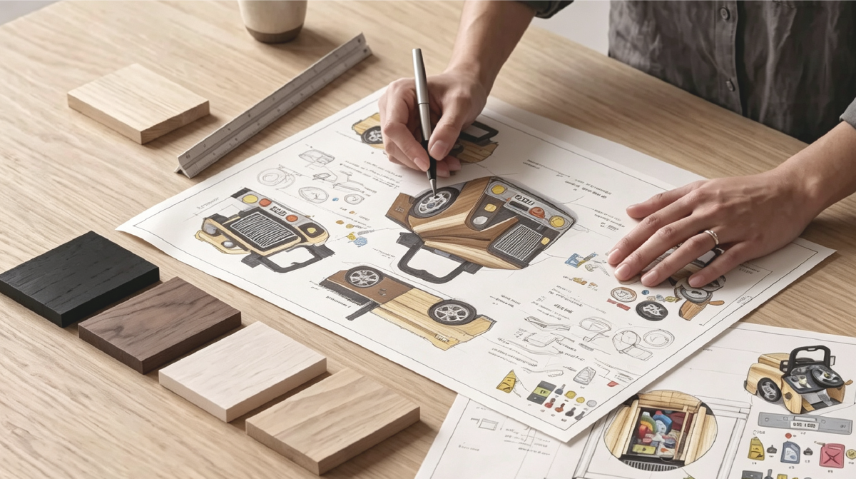Person sketching wooden toy car design on paper with wood samples nearby.
