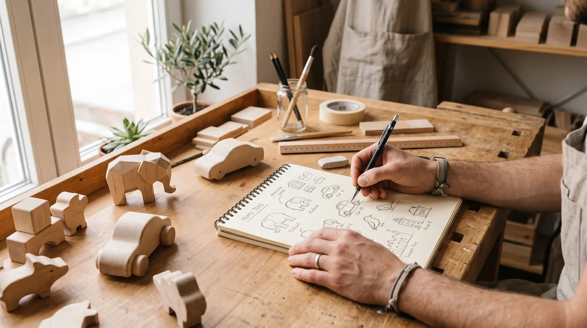 Person sketching wooden toy designs on workbench with wooden toys and tools.
