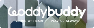 Woddybuddy logo with tagline over colorful toy shapes