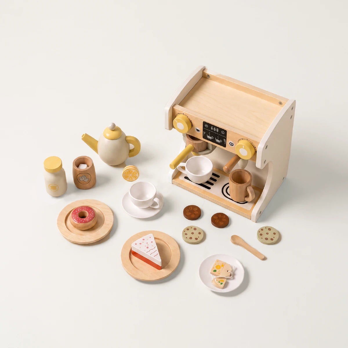 Wooden espresso machine and pretend play food set with cookies, donut, cake