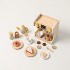 Wooden espresso machine and pretend play food set with cookies, donut, cake