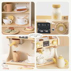 Wooden toy kitchen playset with coffee maker, milk bottle, and pretend food items.