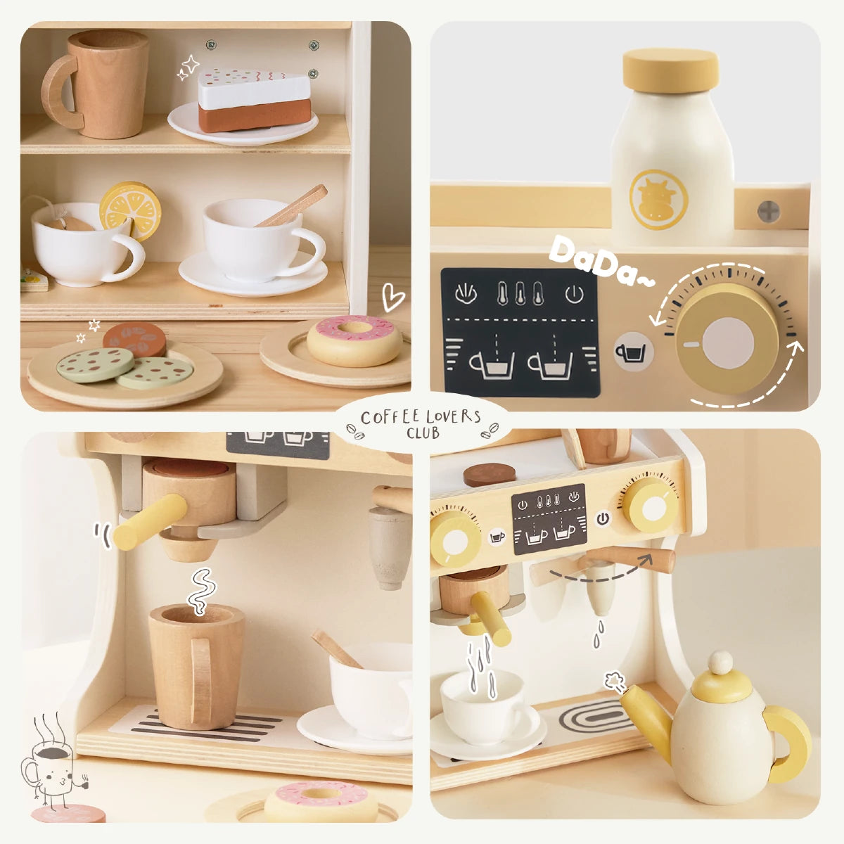 Wooden toy kitchen playset with coffee maker, milk bottle, and pretend food items.