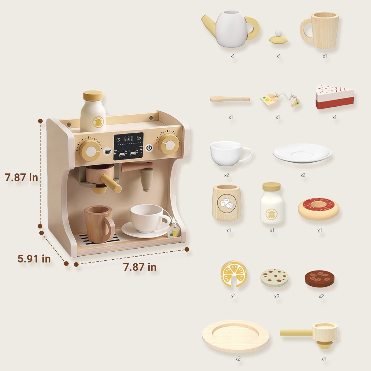 Freniland wooden toy coffee maker set with teapot, cups, and play food accessories