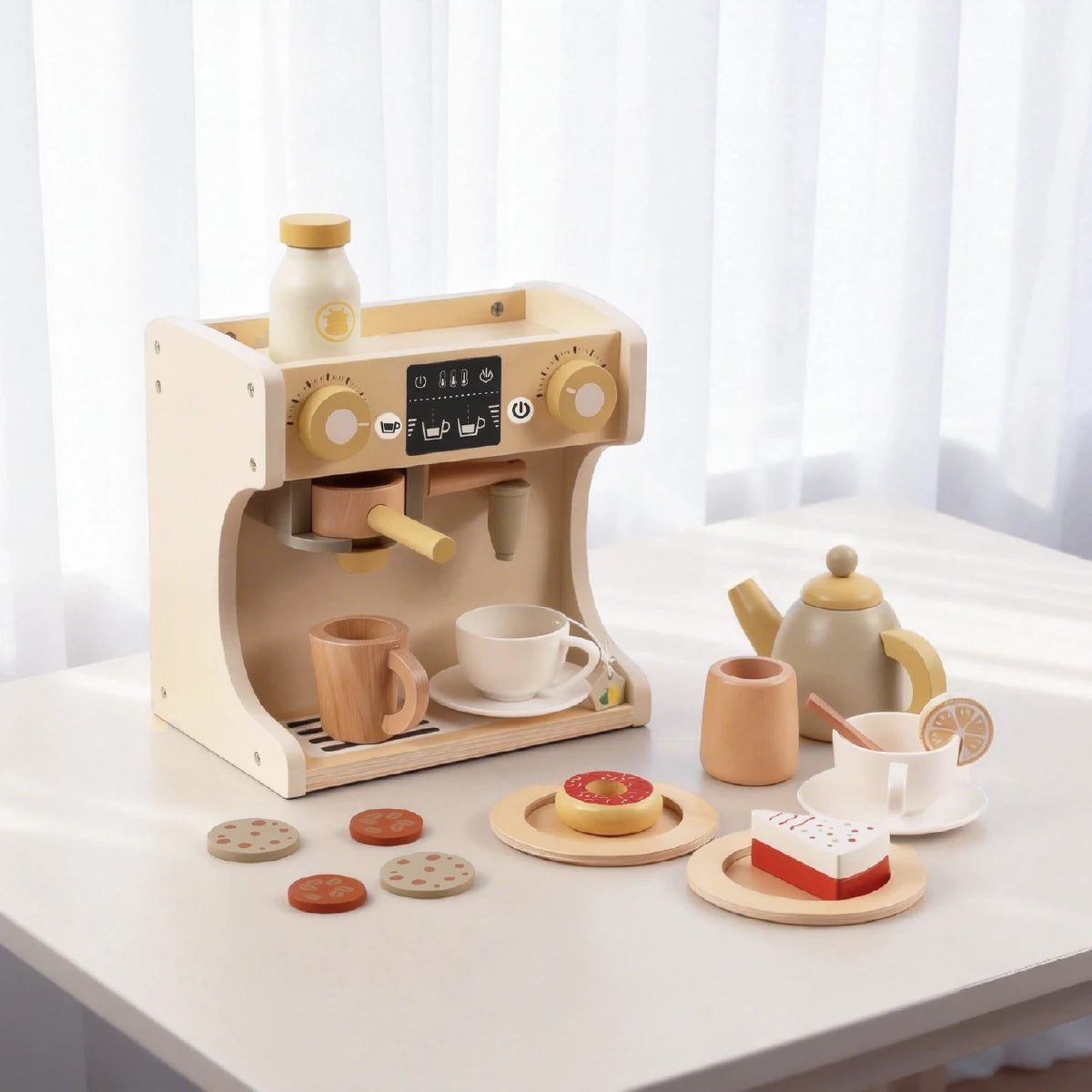 Wooden toy coffee maker playset with teapot, donut, cake, cookies