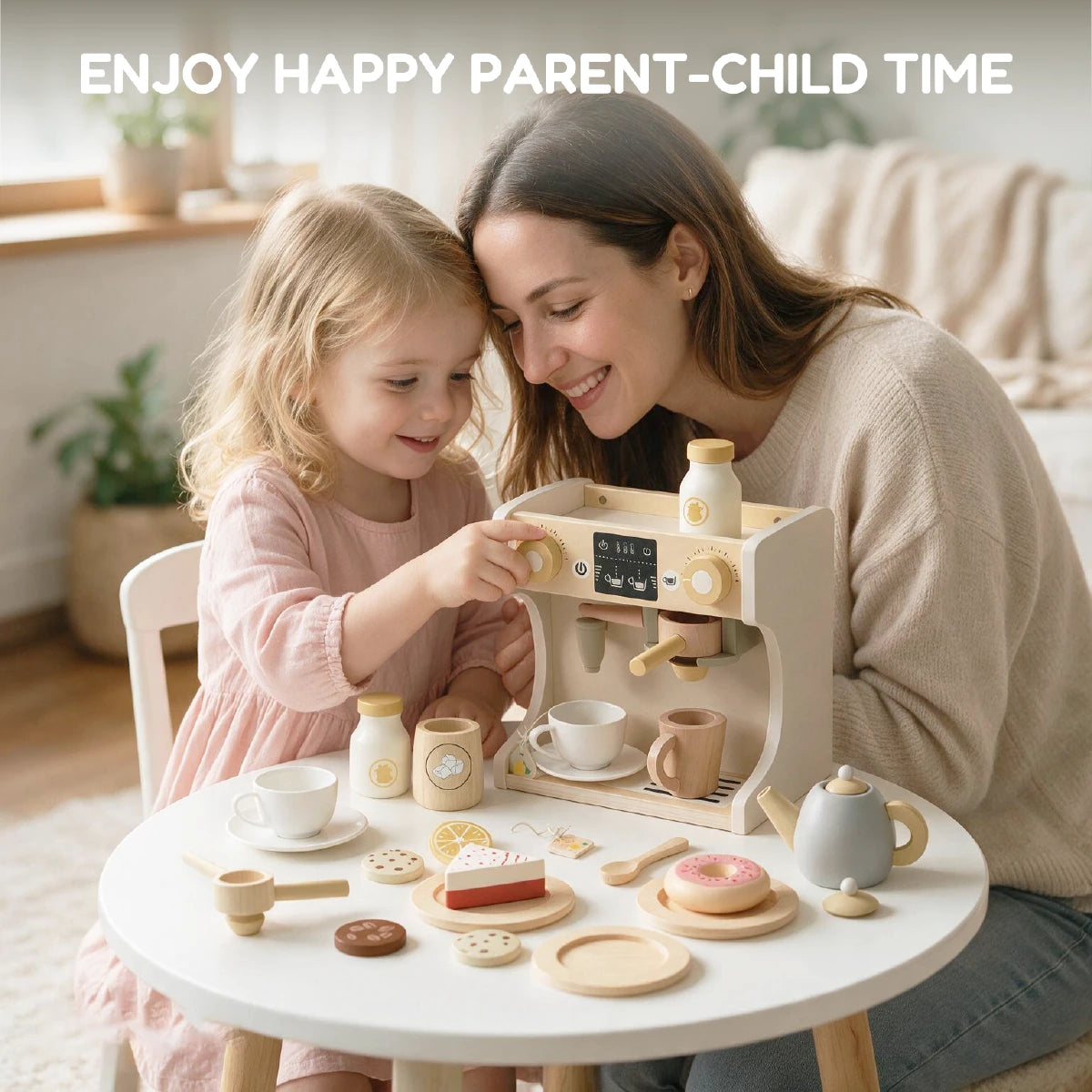 Parent and child playing with wooden coffee maker toy set.