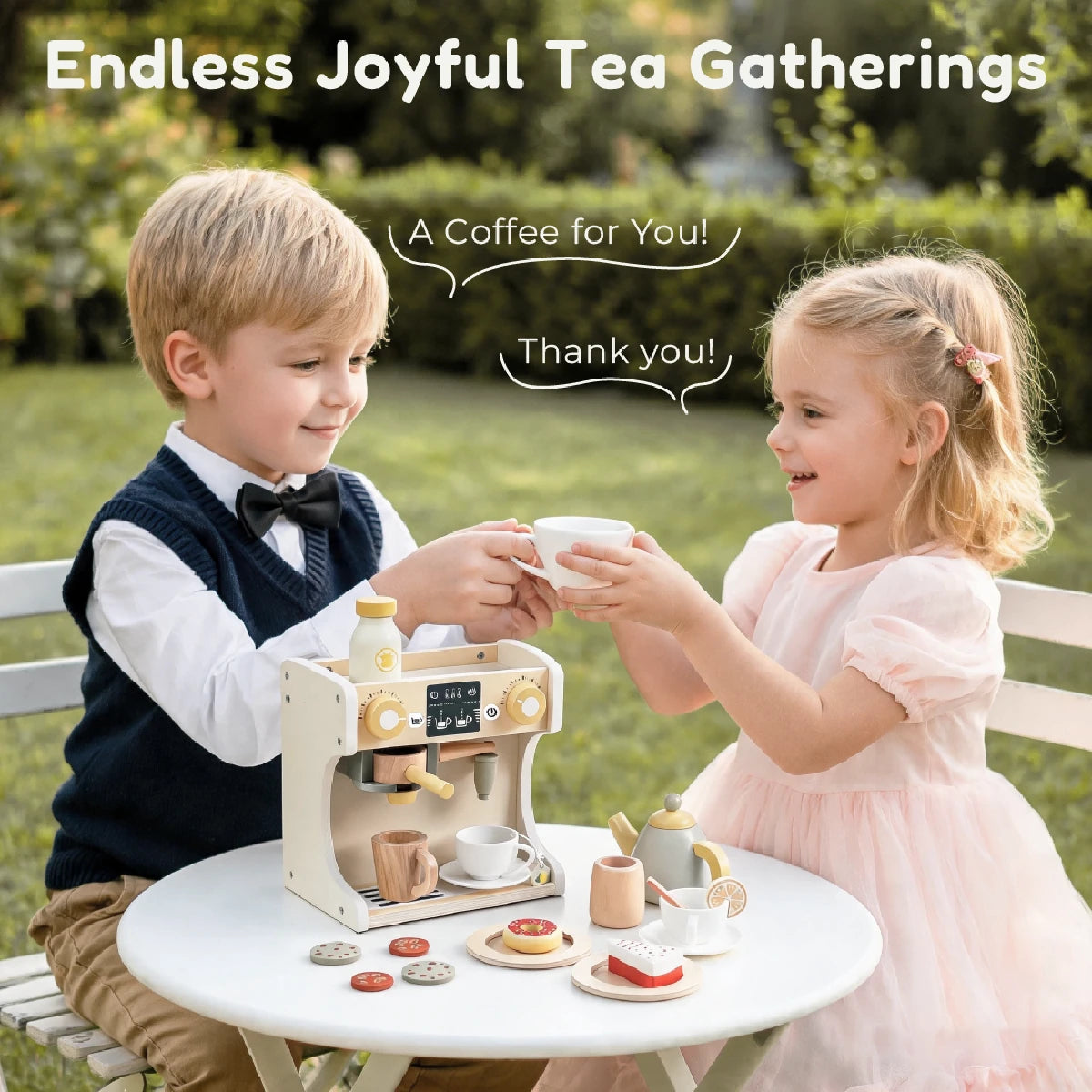 Kids playing with wooden coffee maker toy and accessories at outdoor table