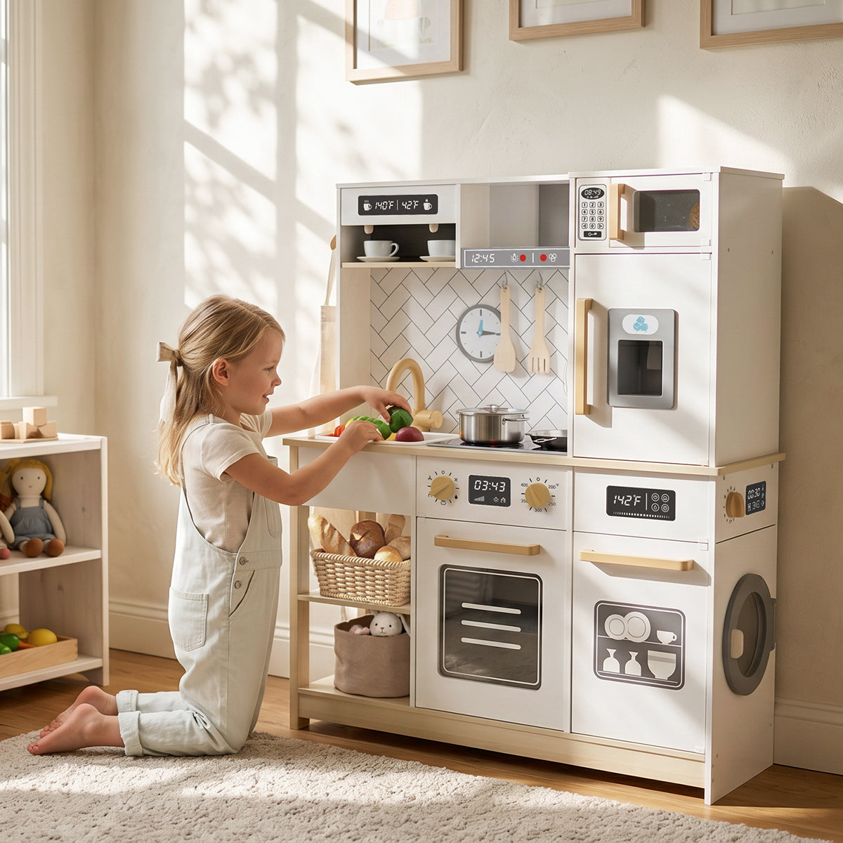 Girl playing with Freniland wooden play kitchen set in sunlit room.