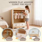 Wooden play armoire closet for dolls with storage and hanging rod