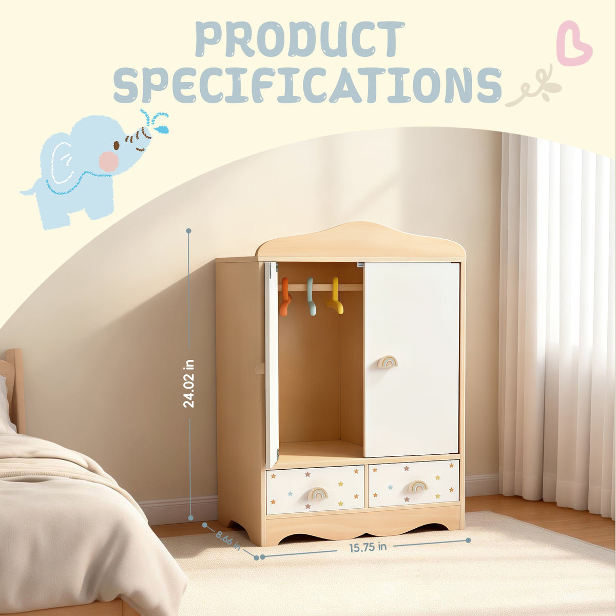 Wooden doll wardrobe with hangers and star pattern drawers