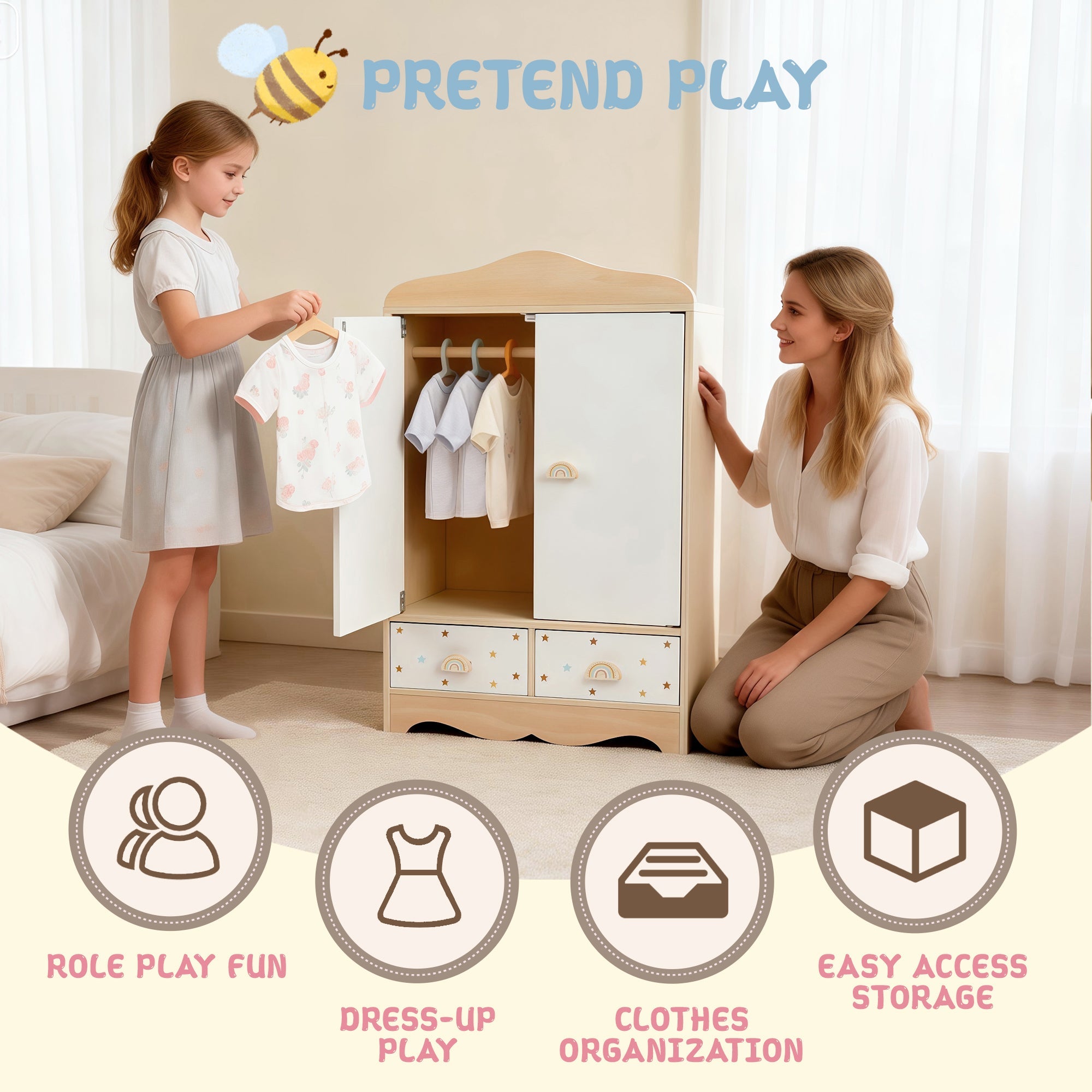 Child playing with a wooden toy wardrobe for pretend dress-up fun