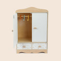 Wooden doll wardrobe toy with hangers and drawers by Guanyi Toys