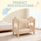 Wooden toy bunk bed with rainbow details and dimensions