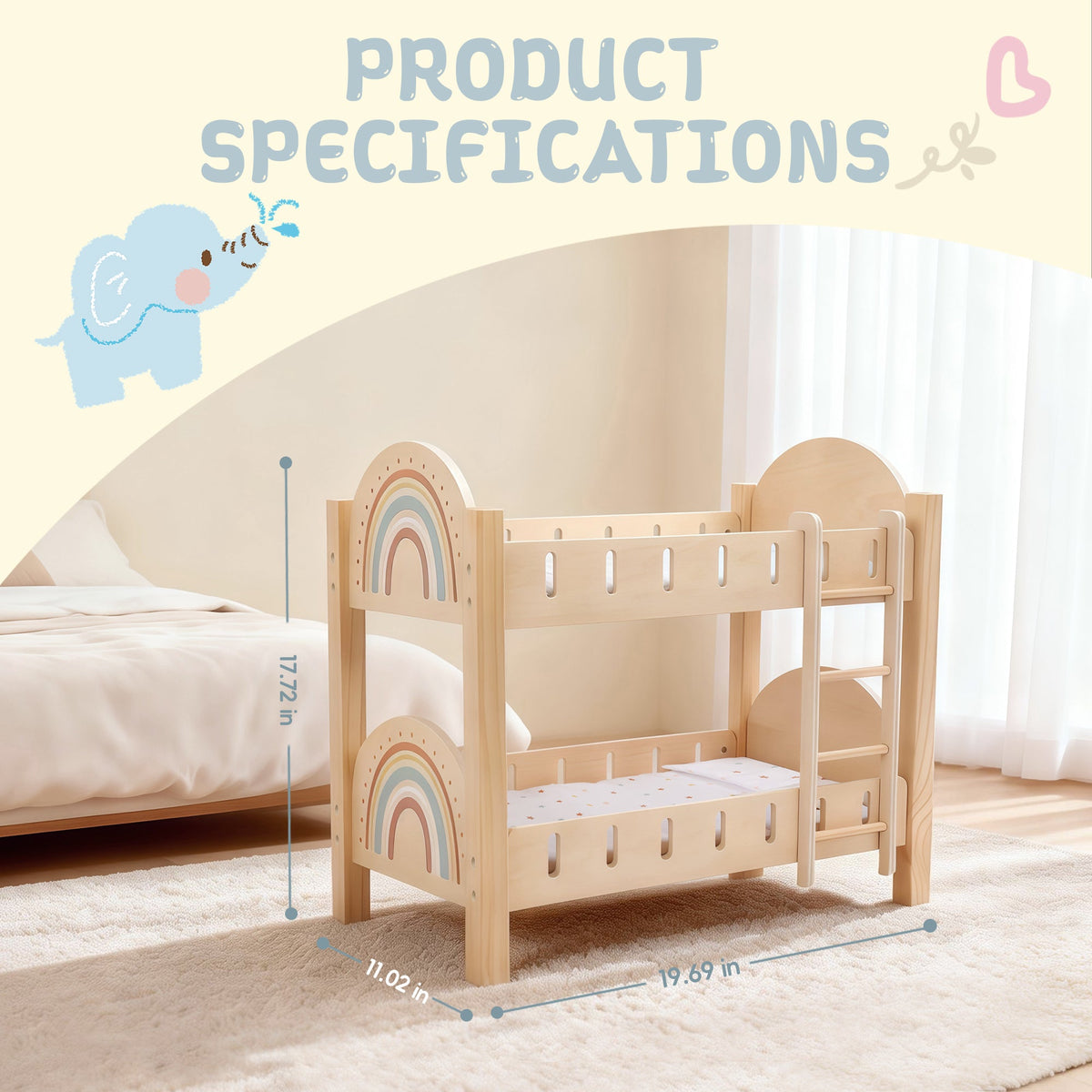 Wooden toy bunk bed with rainbow details and dimensions