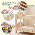 Child-safe wooden doll bunk bed with rounded edges and rainbow headboard