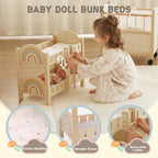 Wooden rainbow baby doll bunk beds with bedding and removable ladder