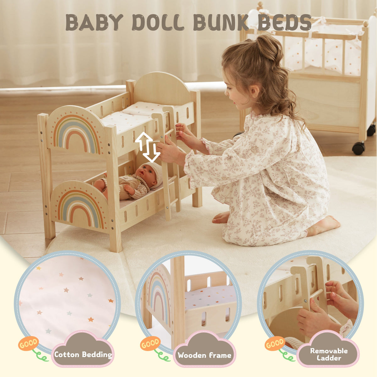 Wooden rainbow baby doll bunk beds with bedding and removable ladder