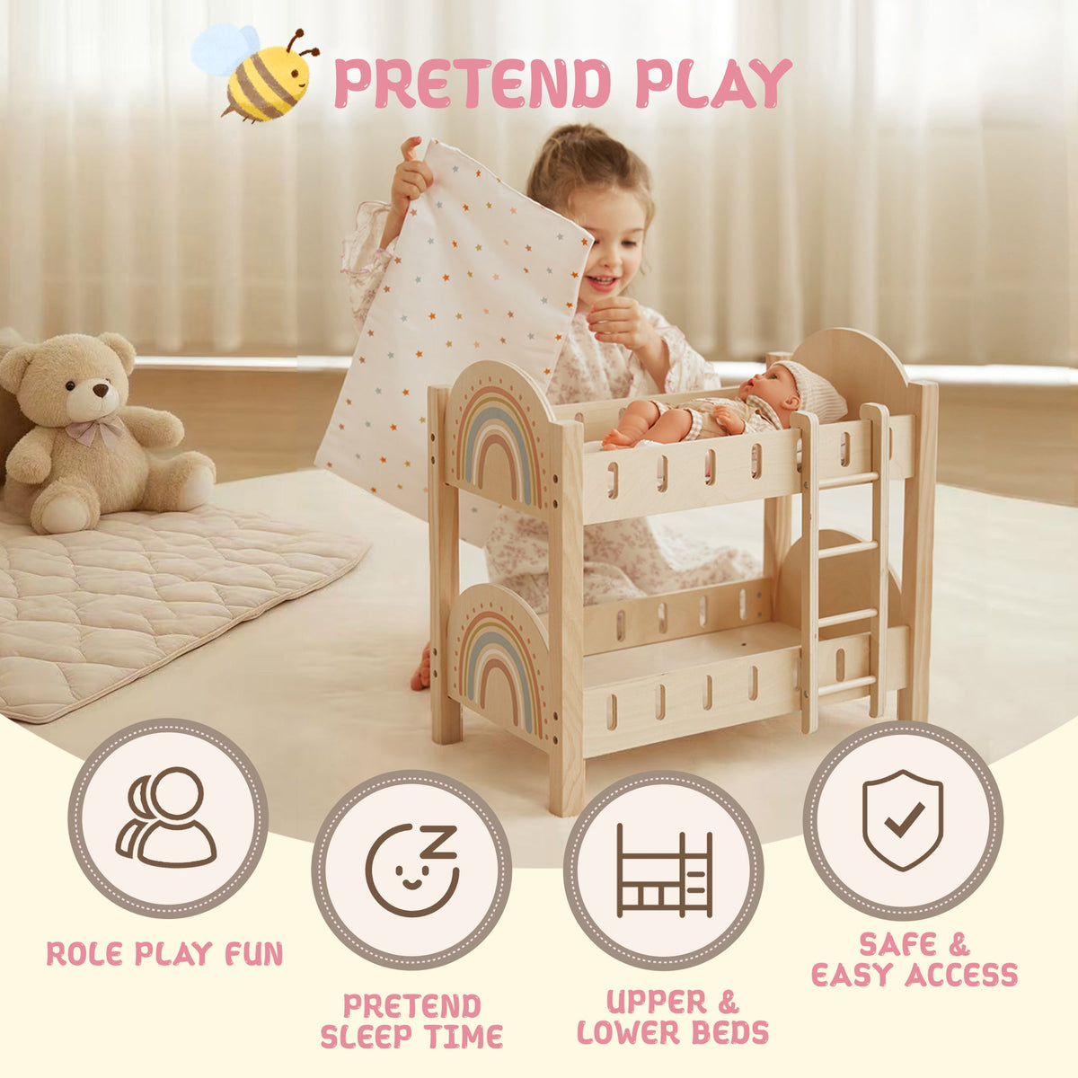 Young girl playing with a wooden doll bunk bed