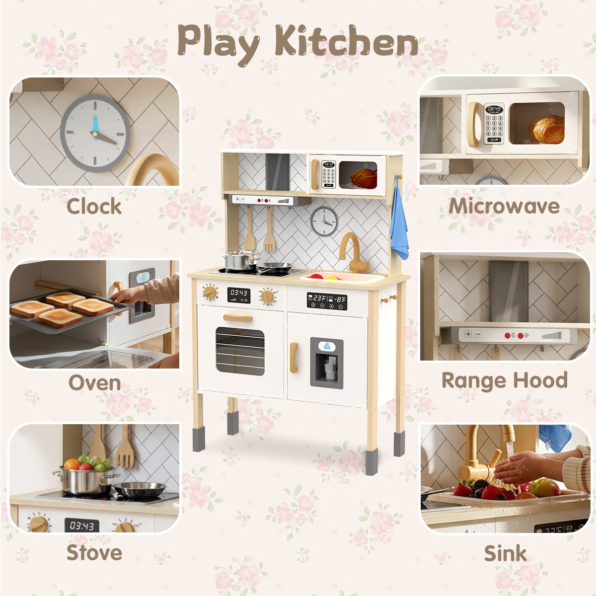 Child using Montessori play kitchen set for imaginative role play cooking