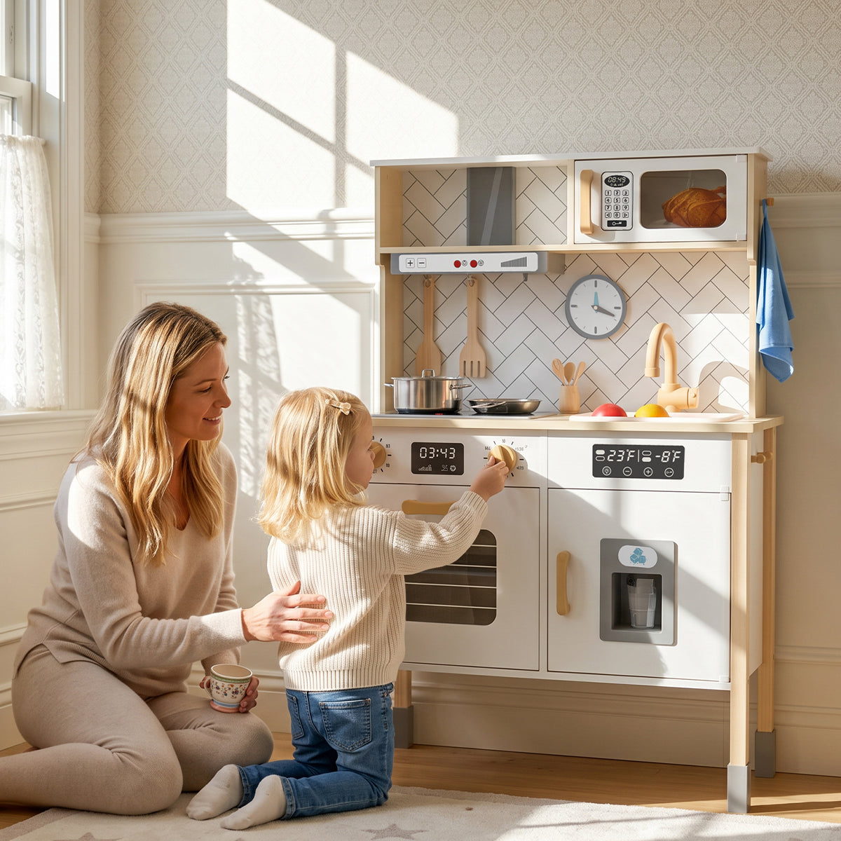 Wooden kitchen set side view showing storage shelves and countertop for toddler play