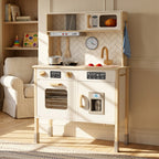 Wooden toy kitchen set dimensions and size guide for kids ages 3 and up