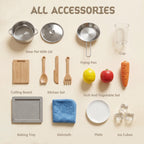 Close-up of smooth-turning knobs on wooden pretend play kitchen for children