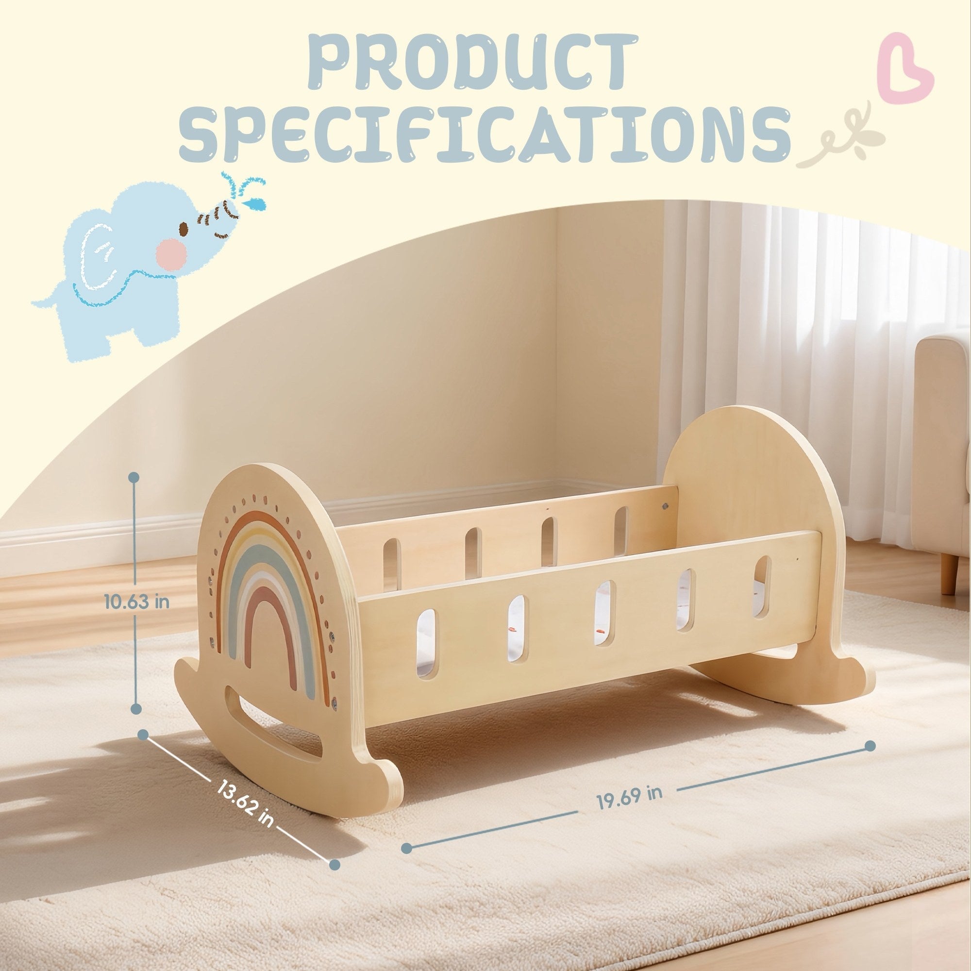 Wooden doll rocking cradle with rainbow design and product dimensions