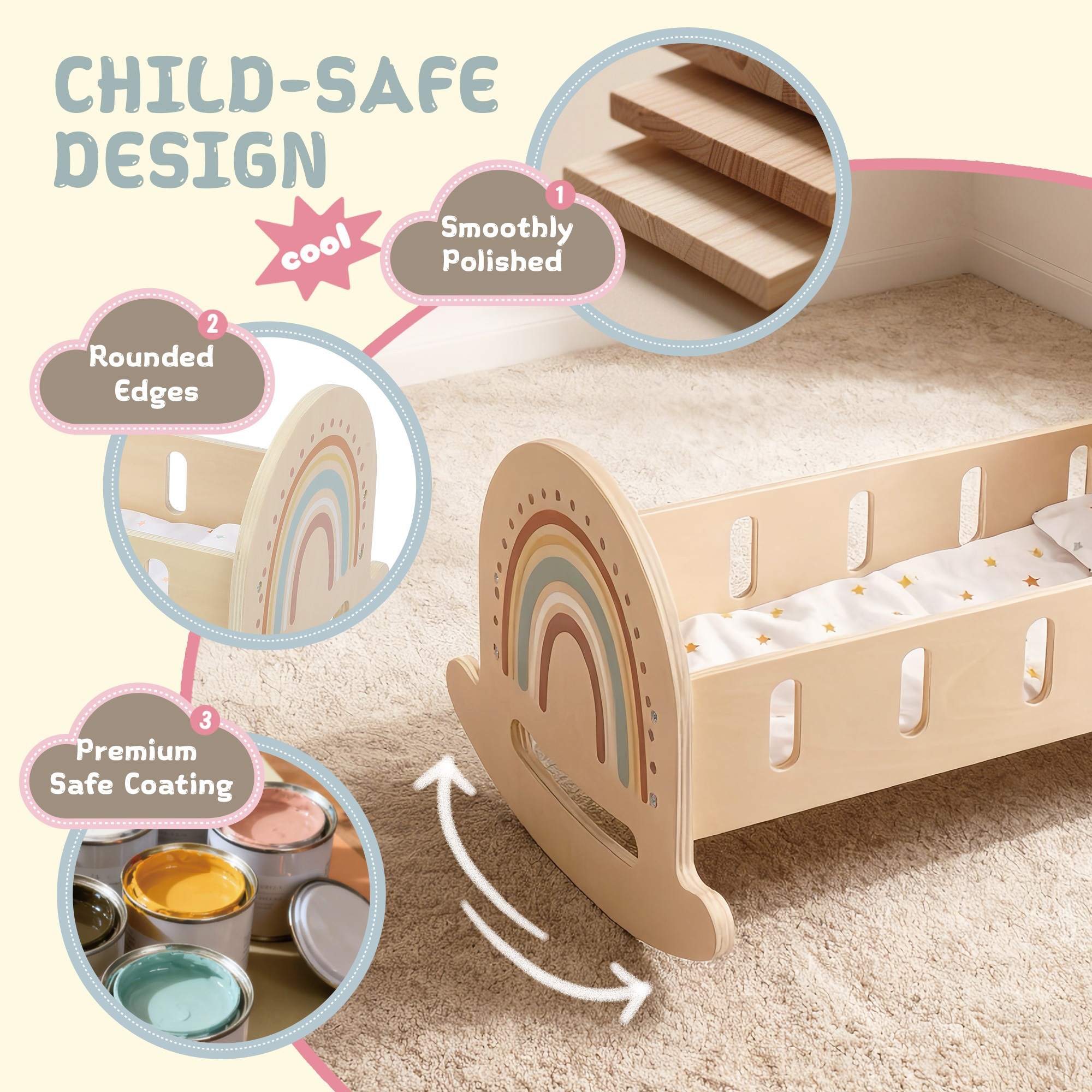 Wooden rainbow doll rocking cradle with child-safe design features