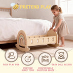 Wooden baby doll crib with rainbow design and soft padded mat