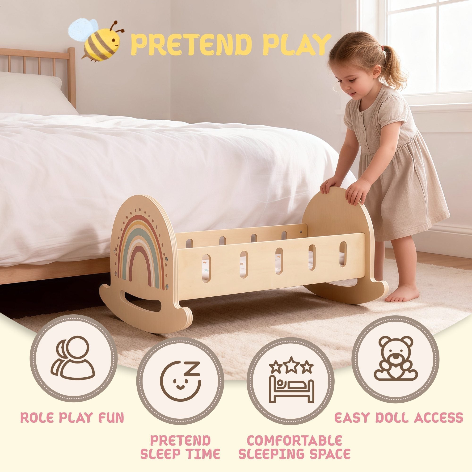 Wooden baby doll crib with rainbow design and soft padded mat