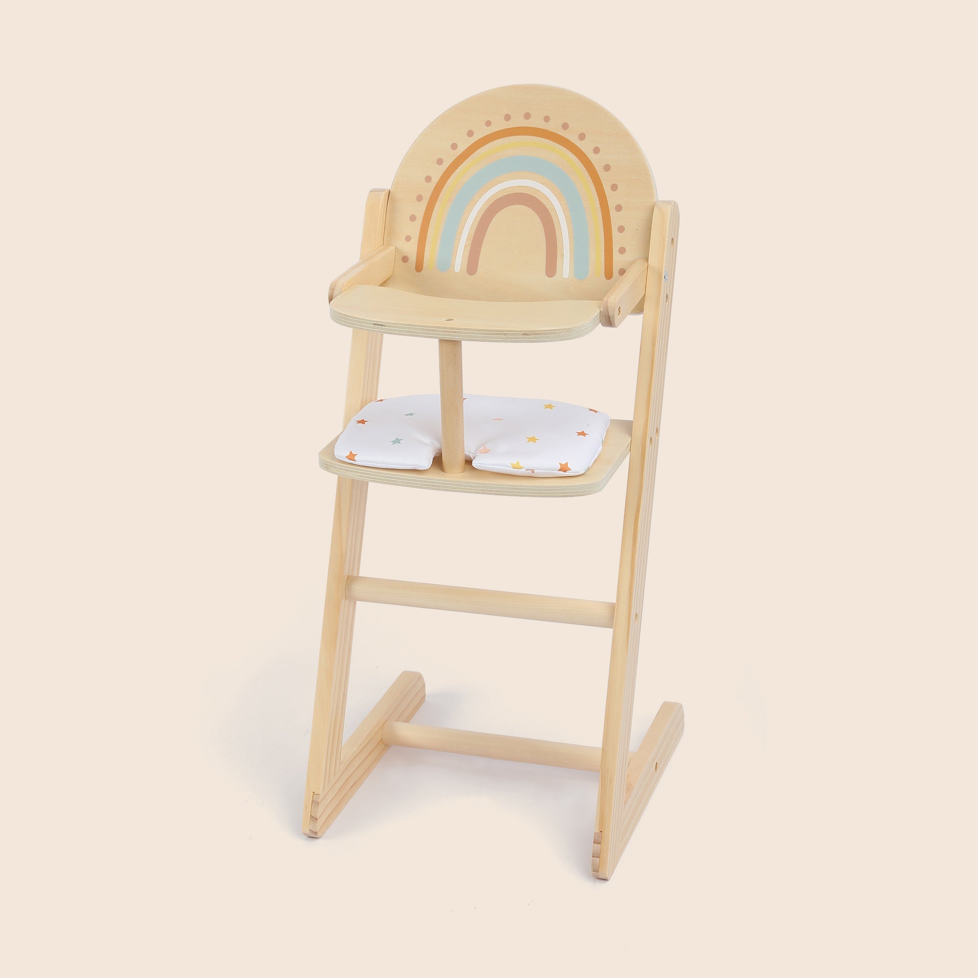 Wooden doll high chair with rainbow and star cushion by Guanyi Toys